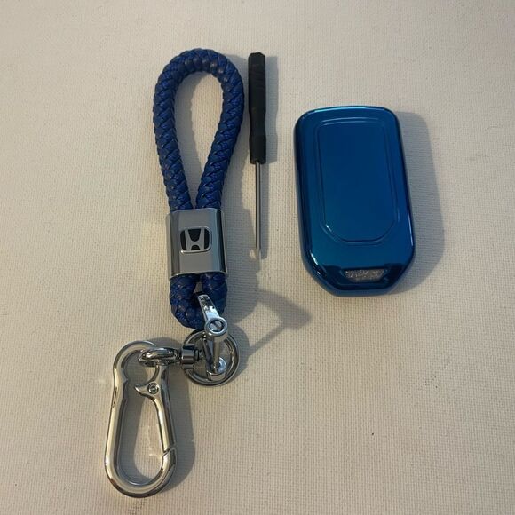Honda Key Fob Keychain in Blue Leather & Fob Case Cover in Blue NWT - Picture 1 of 7